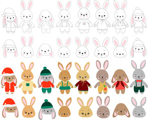 set of rabbits characters in flat style, vector