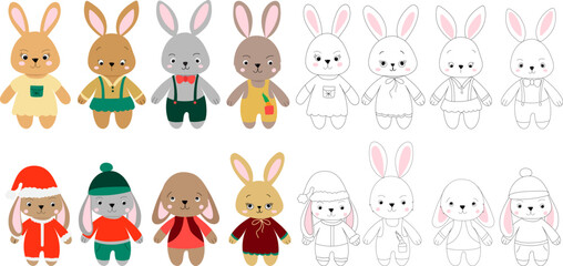 set of rabbits characters in flat style, vector