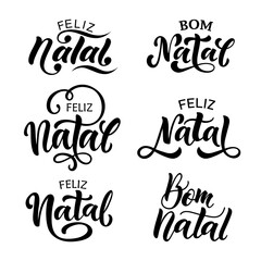 Feliz Bom Natal text meaning Merry Christmas in Portuguese, hand drawn lettering typography. Set of  holiday quotes. Modern brush calligraphy. Design for poster, greeting card. Vector illustration