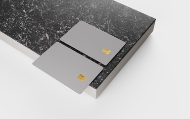 Two bank cards are located on black granite. Exclusive design for mock-up with bank cards. 3D rendering.