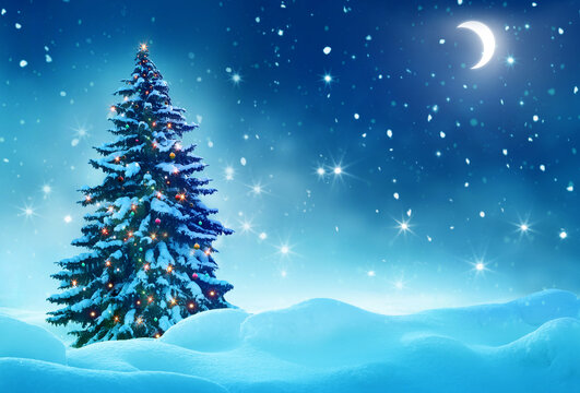 Winter  background . Happy New Year greeting card with copy-space. Night landscape with moon. Christmas tree with  decorations.