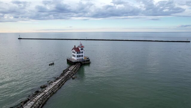 Aerial view of the Lorain West Breakwater Lighthouse in Lake Erie at Lorain, Ohio.