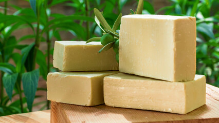 Natural soap bars for spa and body care concept. organic natural spa and skin care products. handmade olive oil soap bars concept in nature. Homemade beauty products