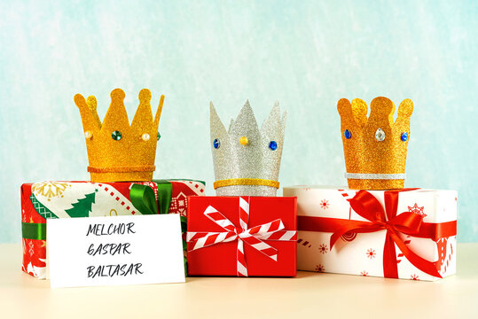 Three crowns of the three wise men with Christmas gift boxes. Concept for Dia de Reyes Magos day. Three Wise Men