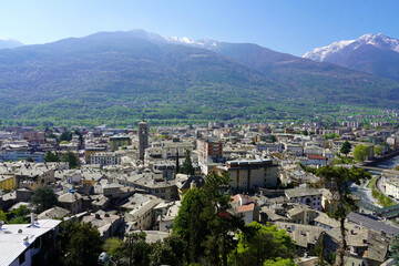 Fototapeta na wymiar Aerial panoramic view of Sondrio town in Valtellina valley, Lombardy, Italy