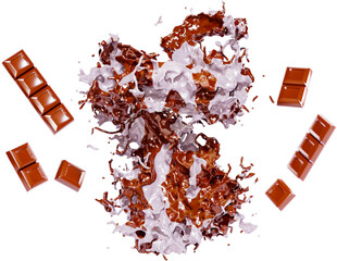 Whirlpool of hot chocolate and milk with pieces of chocolate bars. 3D Render. Chocolate pieces in a spray of milk or yogurt. Transparent background