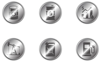 Set of oil industry icons on shiny metallic buttons with shadows underneath. Flat vector illustration.