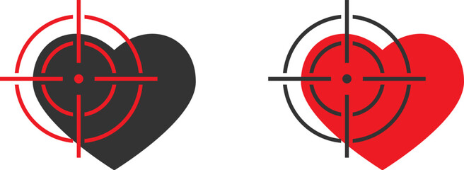 Heart at the gunpoint icon. Hearth with crosshair symbol. Aim icon with heart sign. Flat vector illustration.