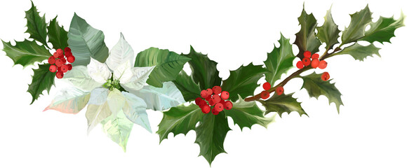 Holly branch decorated with a white poinsettia