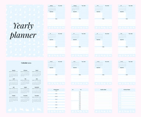 Yearly planner template for 2023 with calendar and monthly pages. Wish list for Christmas. Plan for the day, week, month. A4 format with bleed and safe area for text.