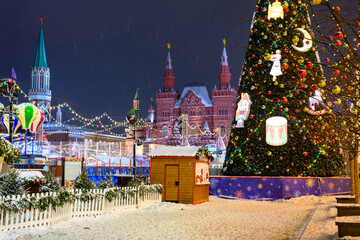 Christmas market on Red Square in Moscow for the New Year. The snowstorm.