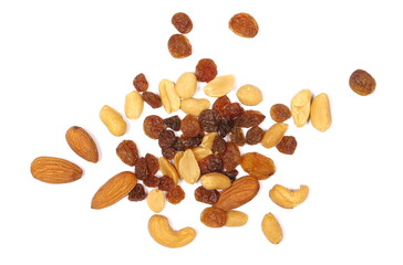 Nuts and raisin, mix roasted peanuts, raisins, hazelnut, almond, cashew isolated on white 