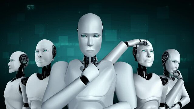 Futuristic robot artificial intelligence huminoid AI programming coding technology development and machine learning concept. Robotic bionic science research for future of human life. 3D rendering.