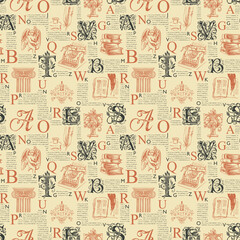 Vector seamless pattern with ornate initial letters and literary illustrations on printed page background. Unreadable text, capital letters and sketches. Suitable for Wallpaper, wrapping paper, fabric