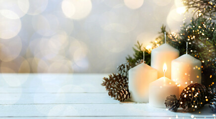 Advent white candles with decor in shiny lights