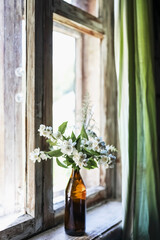 Fototapeta na wymiar A bottle with blooming jasmine branches by the window in a rustic house