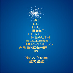 All the best in New Year 2023 white gold typography shining Christmas tree word cloud blue background