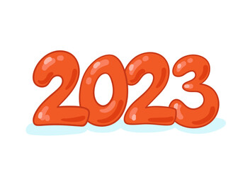 Red number 2023. Merry Christmas and Happy New Year 2023. In cartoon style. Isolated on  white background. Vector Illustration
