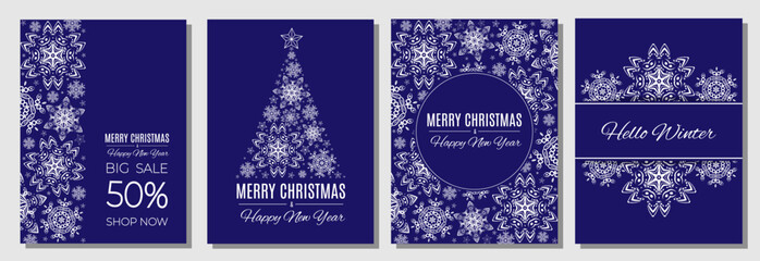 Set of Christmas sale banners with white snowflakes on blue background.