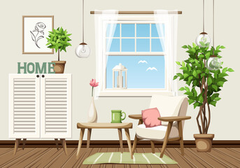 Cozy room interior with a white armchair, a table, a window, a cabinet, and a big ficus tree. Cartoon vector illustration