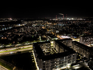 Night panorama of Warsaw from above, downtown, photo from the drone,  Warsaw, Poland.