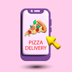 Pizza delivery in one click, ordering pizzas in a smartphone, pizza to order, delicious (advertising 3D style)