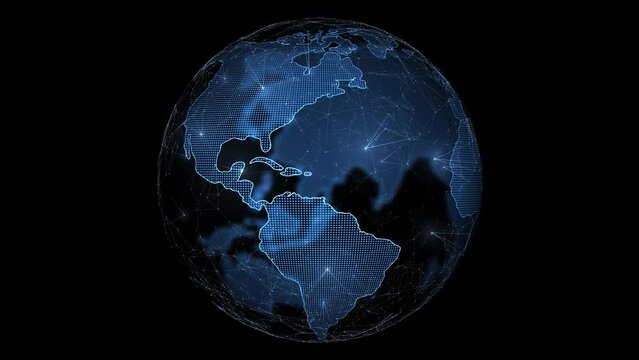 Looped digital earth globe network on black background.