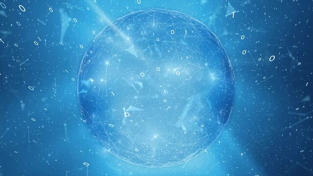 Looped digital sphere with binary numbers data animation.