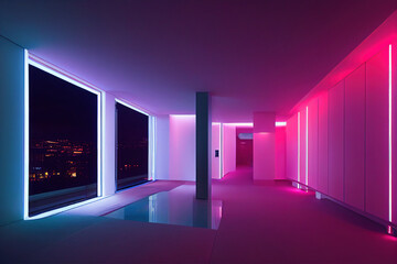 interior of a modern mansion with neon lights and a small swimming pool, abstract - obrazy, fototapety, plakaty