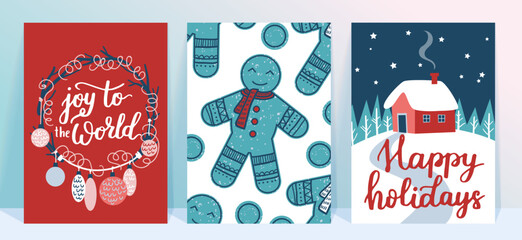 Vector collection of Christmas poster templates. New year 2023 set of christmas greeting cards. Bright colors. presents and hand written lettering for your invitation and design.