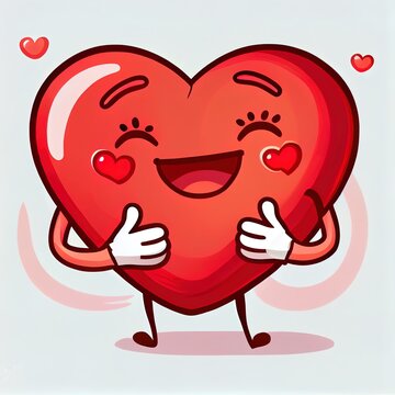 2d illustrated cartoon cute happy heart character with smile and hands hugging self on white background, love yourself
