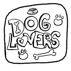 Dog lovers outline vector doodle illustration. Lettering Dog Lovers, paw prints and bones linear vector doodles. Design for dog grooming, products, logo, coloring page.