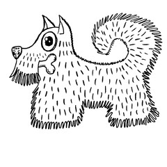 Cute scottish terrier doodle dog. Line black and white funny puppy, hand drawn ink vector illustration, cartoon smiley pet. Vector art of funny cartoon doodle puppy illustration