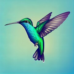 flying blue green hummingbird with a long beak