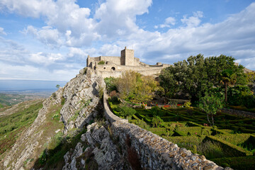 View of Marvao Castle during a sunny day with clouds. Historic Villages of Portugal. Old town...