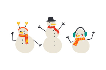 cute hand drawn snowmen. vector illustration in flat style