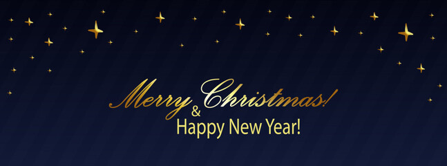 Fototapeta na wymiar Christmas background with golden stars isolated on dark blue backdrop. Horizontal banner with hand drawn decoration. Merry Christmas and Happy New Year