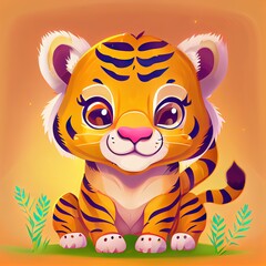 Cute Cartoon Tiger on a yellow background