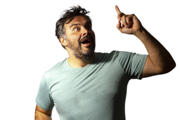 Man with messy hair looking and pointing up.
Transparent background.