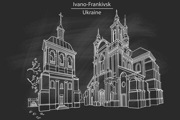 Vector sketch of The Church of Virgin Mary in Ivano-Frankivsk, Ukraine.