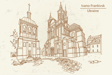 Fototapeta premium Vector sketch of The Church of Virgin Mary in Ivano-Frankivsk, Ukraine.