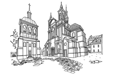 Vector sketch of The Church of Virgin Mary in Ivano-Frankivsk, Ukraine.