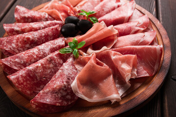 Assortment , sliced meat appetizer, prosciutto, salami and ham, with olives, breakfast, top view, close-up, no people,
