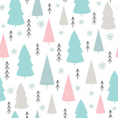 Winter seamless pattern with trees and snowflakes. Vector illustration. It can be used for wallpapers, wrapping, cards, patterns for clothes and other.