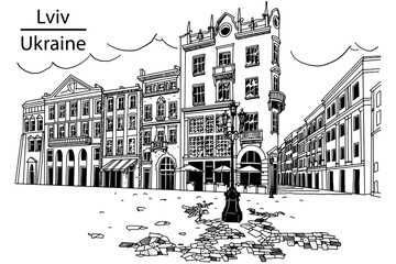 Vector sketch of street scene in Lviv, Ukraine. - 547245927
