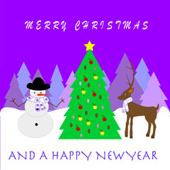 MERRY CHRISTMAS AND A HAPPY NEW YEAR WITH SNOWMAN DEER AND CHRISTMAS TREE VIOLET
