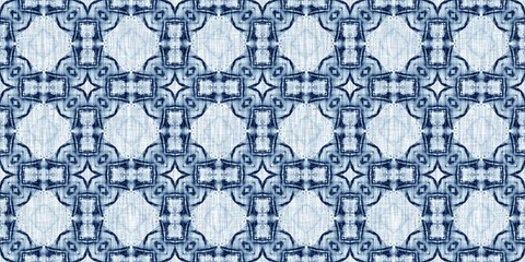 Indigo dye wash coastal damask seamless border pattern. Washed out geometric dip dyed blur effect edging. Nautical and marine ocean blue masculine endless tape background with linen texture trim.