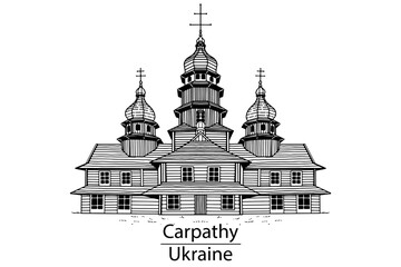 Vector sketch of wooden Carpathian Church. Ukraine.