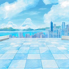 empty marble floor and cityscape of hong kong in blue cloud sky