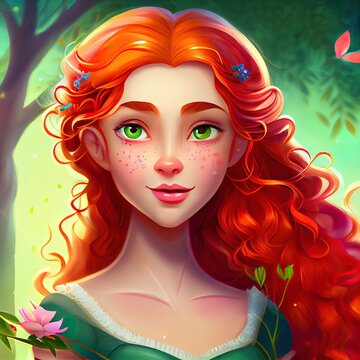 Illustration of beautiful red haired princess on spring forest background